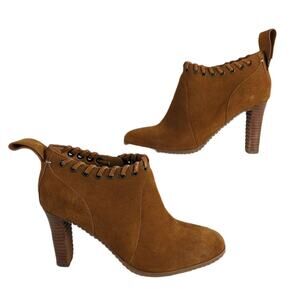 See by Chloe Women's 8.5 Tan Suede Leather Heeled Ankle Booties Boot Braided Rim